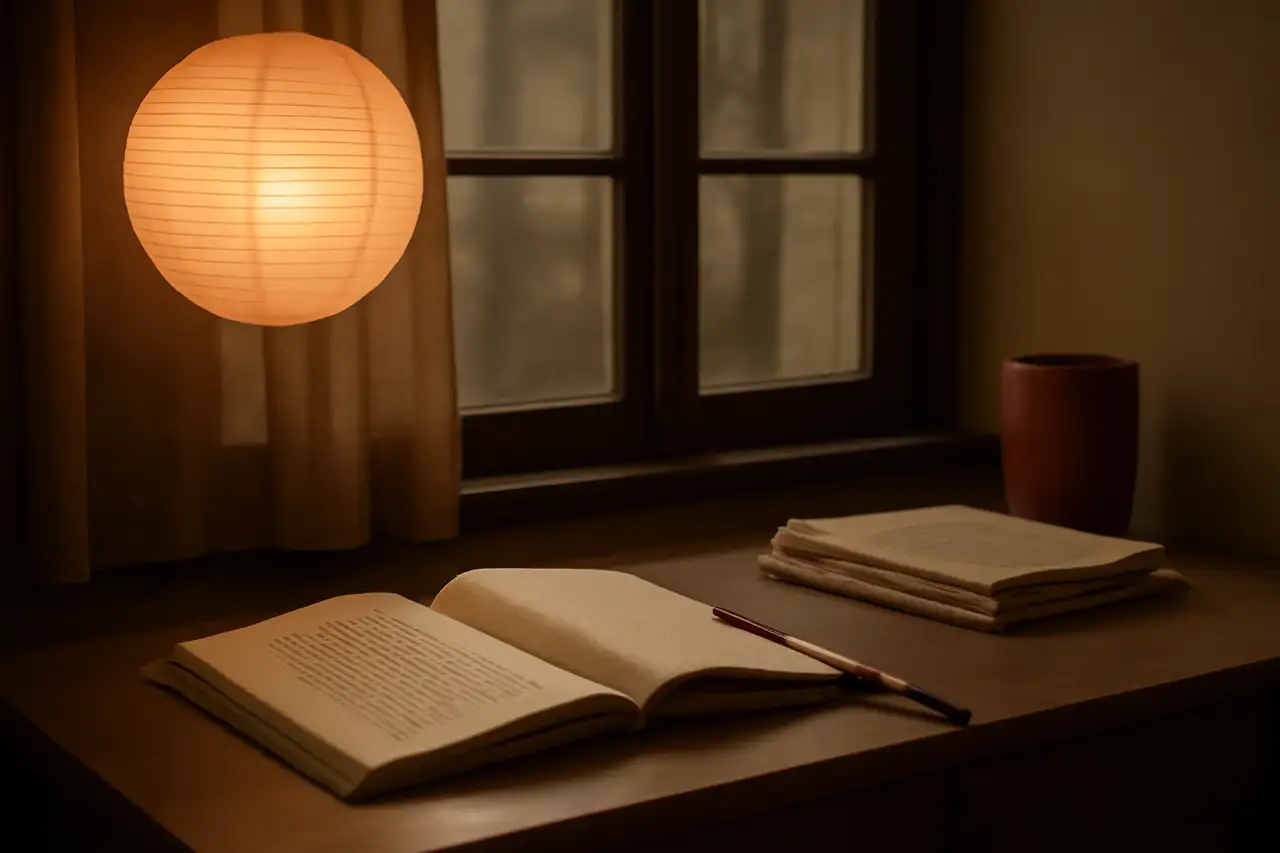 Ruhiger Schreibtisch am Fenster mit aufgeschlagenem Buch, Pinsel und Zeitungen